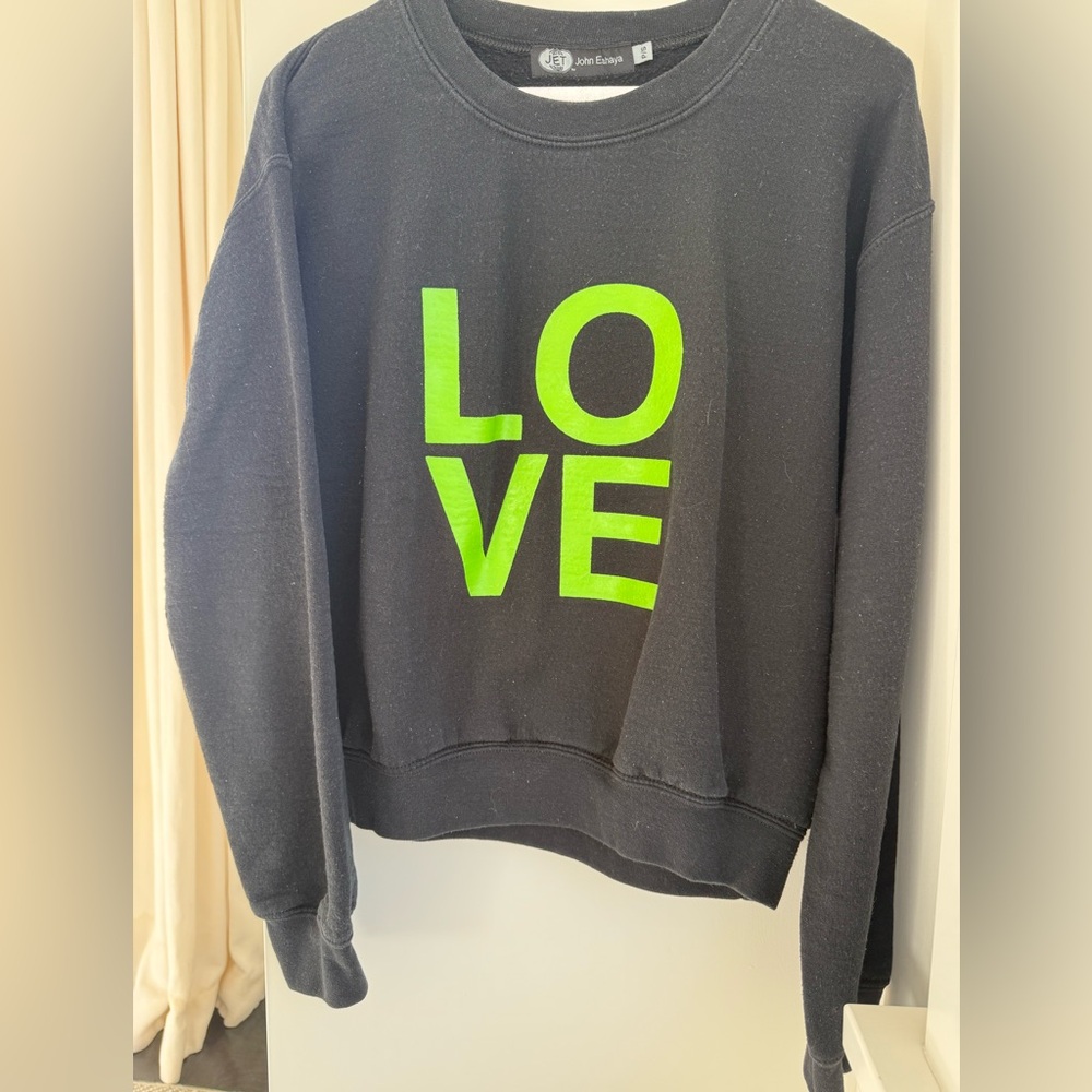 Black Designer Sweatshirt with Neon Green 'LOVE' Print Women’s Small worn once